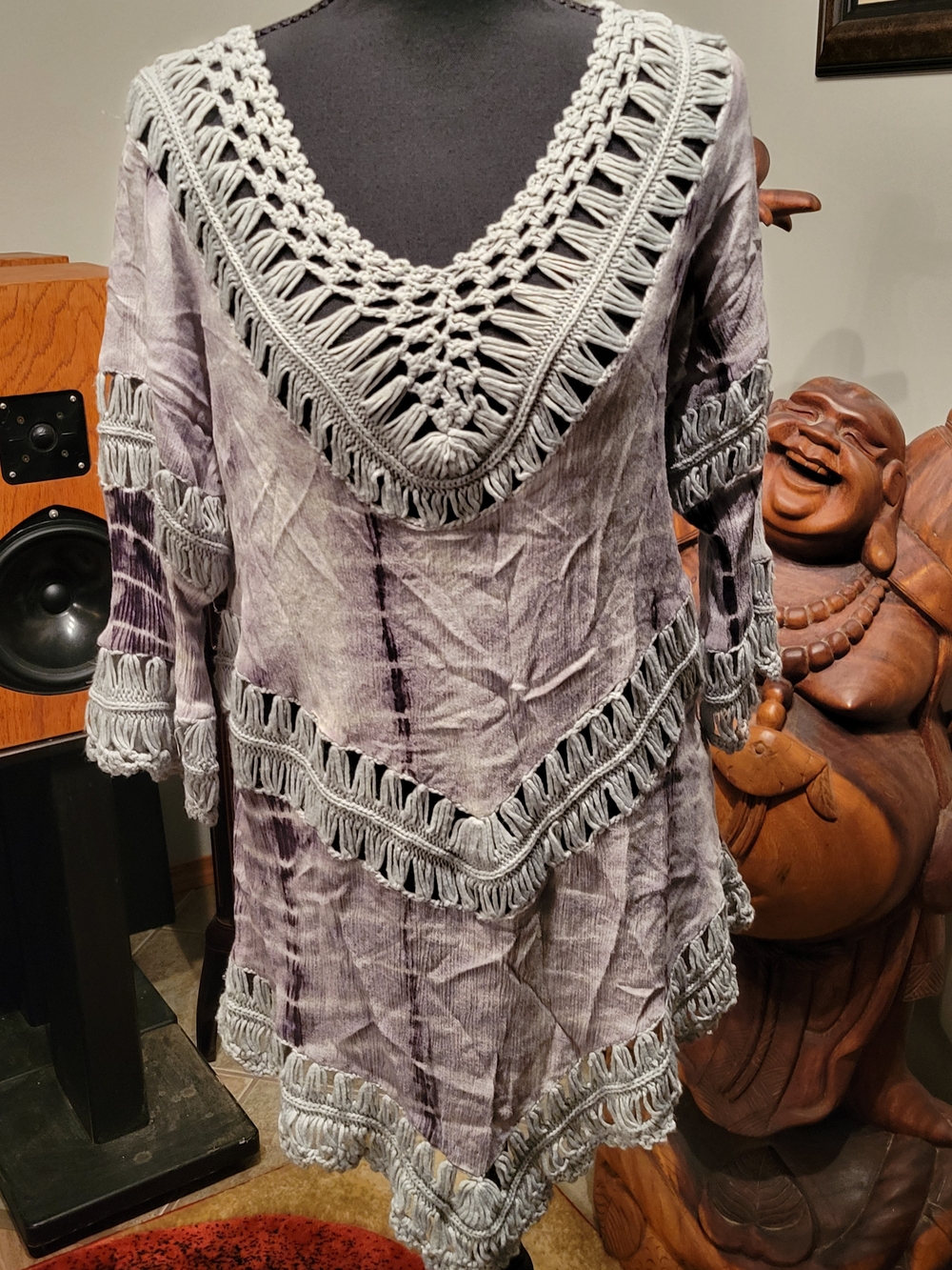 Source Unknown Lavender Tie-Dye Crochet V-Neck Fringe Tunic